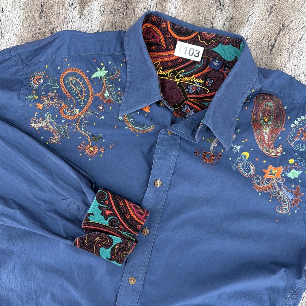 RARE Robert Graham Mens Shirt XL Navy Blue Paisley Embroidered Flip Cuff XL